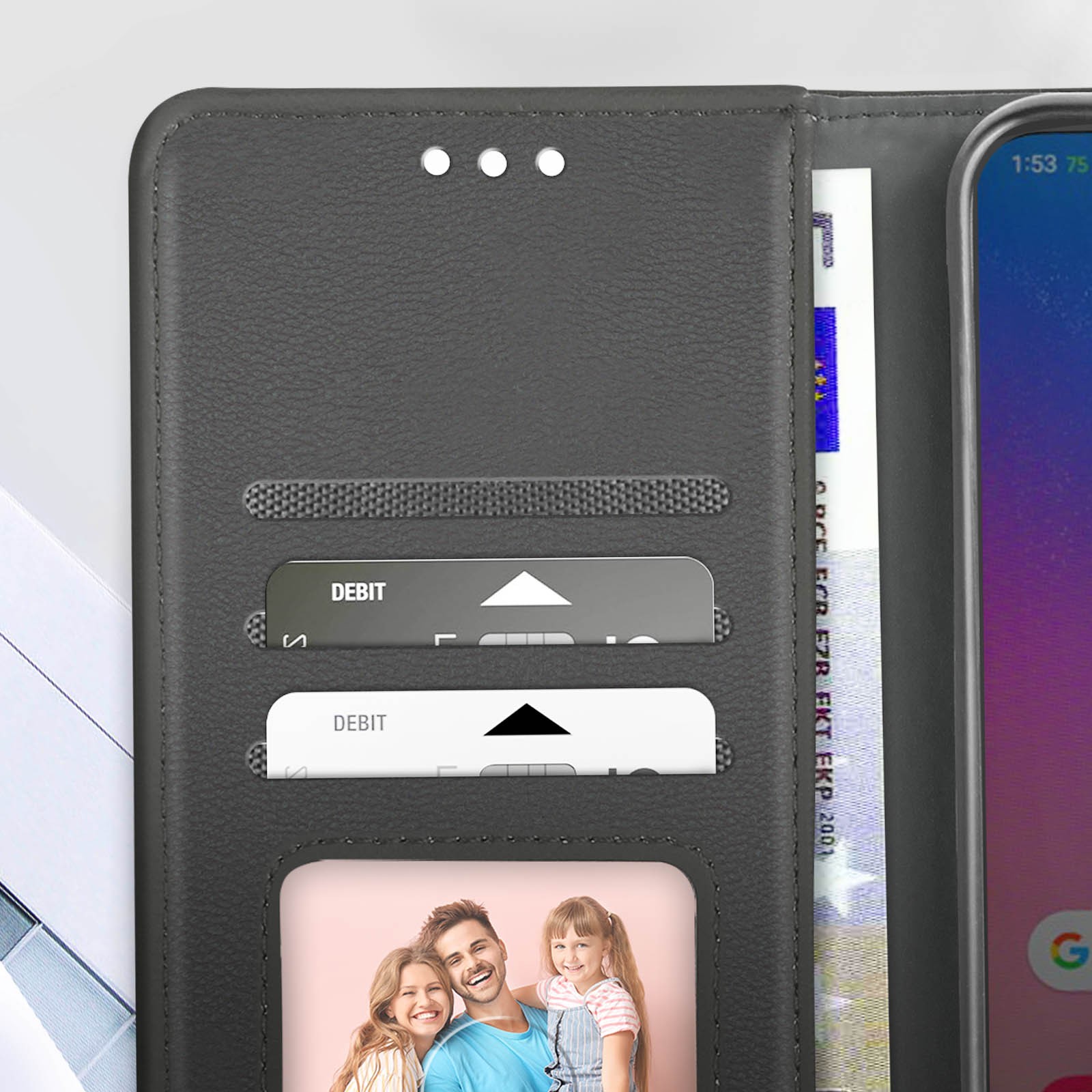 Étui portefeuille Galaxy A14 multi-compartiments noir en simili cuir avec support
