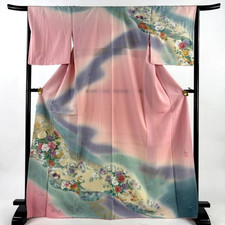 Japanese kimono "HOMONGI" SILK,GLD leaf, Plants,Embroidery,Signature,L5'6"..4760