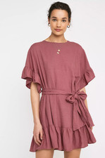 Urban Outfitters Sz S Suddenly Spring Rose Mini Dress Linen Blend Ruffle Sleeve