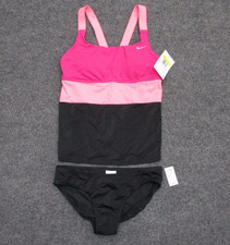 Nike Tankini 2 Piece V-back Swimsuit Set Pink Black NESSB393-672 Women's S $94
