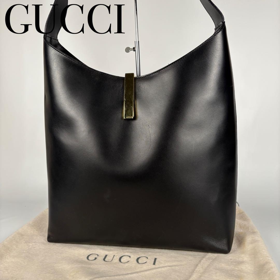 GUCCI Archive Leather Hobo Bag Black One Shoulder Tote with Gold Hardware