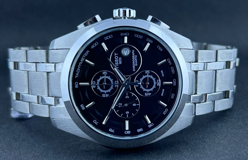 Reloj pulsera vintage para hombre Tissot 1853 cuarzo esfera negra cronógrafo fecha funcionando Foto 4 de 4
