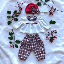 MONNALISA - NEW- ENSEMBLE 3P BÉBÉ FILLE MOTIF TARTAN ÉCOSSAIS & DÉTAIL STRASS 3M