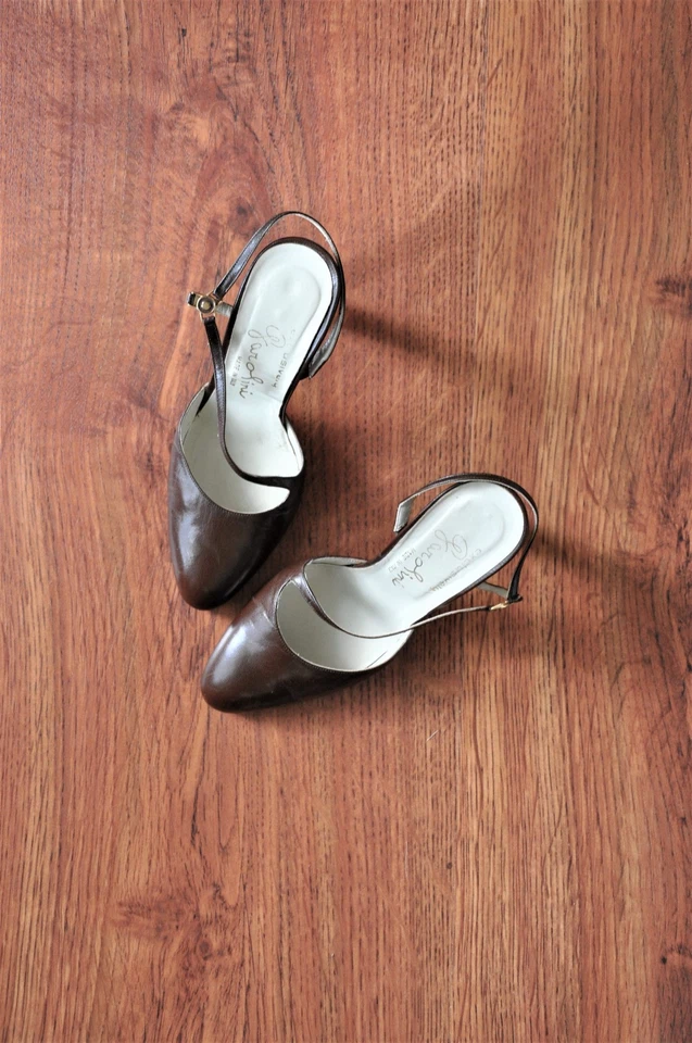 70s Vintage Chocolate Brown Leather Ankle Strap Slingback Stiletto Heels Women 6 - Image 3 of 4