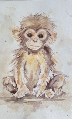 Original Watercolor Baby Monkey Nursery Art   Cute Little Chimp 8x12