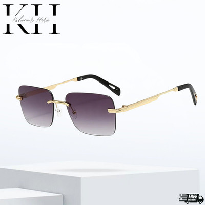 Men's Square Rimless Gold Frame Purple Gradient Tint Hip Hop Sunglasses