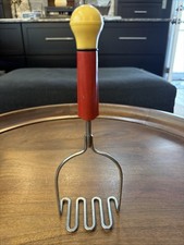 Vintage Potato Masher Stainless Steel Red & Ivory Bakelite Handle USA A&J Ekco