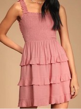 Lulu’s Super Sweet Mauve Pink Smocked Ruffle Tie-back Mini Dress Large