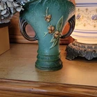 Roseville Green Ceramic Pottery Vase w/ Handles, Raised 3D Floral Pattern