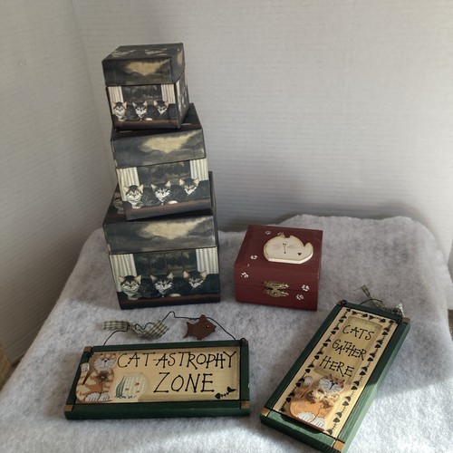 Cat Decor Lot ~ Nesting Boxes ~ Wooden Trinket Box ~ 2 Wood Signs