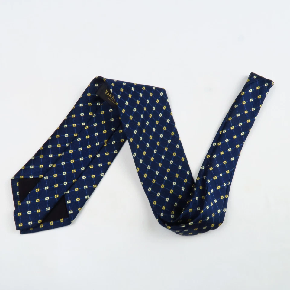 Fular de celosía azul vintage Van Heusen para hombre patrón de diamante 58"x4" dorado clásico Foto 4 de 4