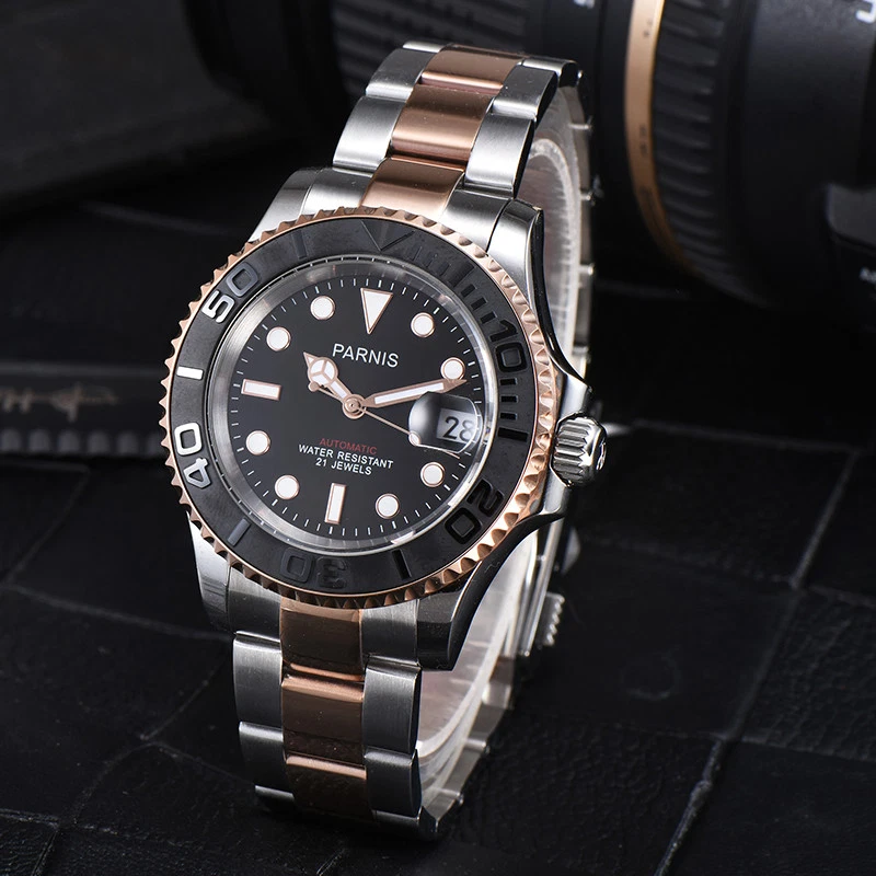 Reloj Hombre 41mm Parnis Oro Rosa Pulsera Miyota Movimiento Automático 5 ATM Fecha Foto 3 de 4