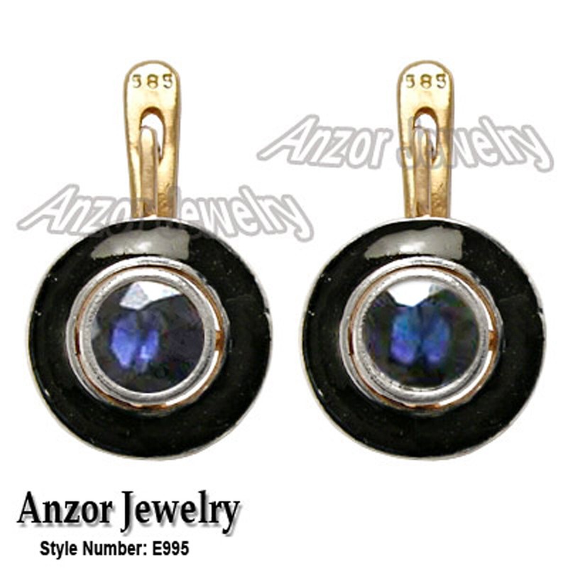 14k Solid Rose & White Gold Blue Sapphire Earrings Anzor Style