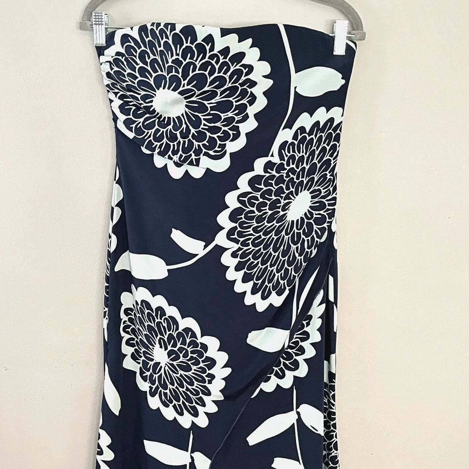 De colección. Vestido Randolph Duke Seda Sin Tirantes Maxi Imitación Envoltura Azul Marino Floral XS Asimétrico Foto 2 de 4