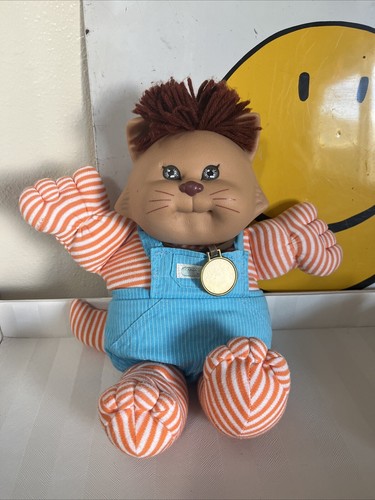 Vintage 1985 Cabbage Patch Koosas Cat w/ Orange & White Stripes Blue Overalls