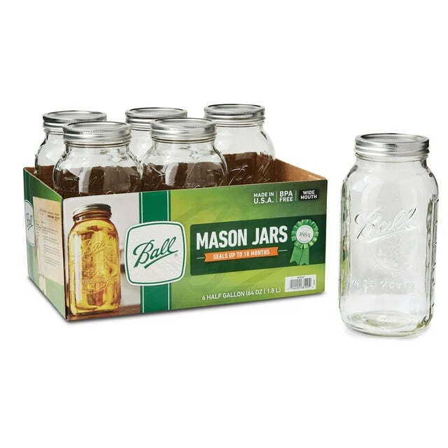 Ball Wide Mouth 64oz Half Gallon Mason Jar Lids, Bands Clear Glass Jars 6/Box