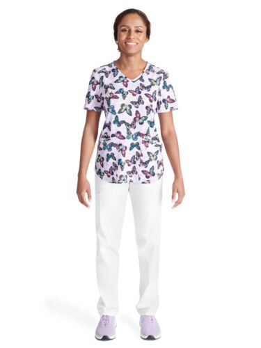 Scrub Star Womens Colorful Butterflies Print Scrub Top Size Medium Light Purple - Picture 2 of 5