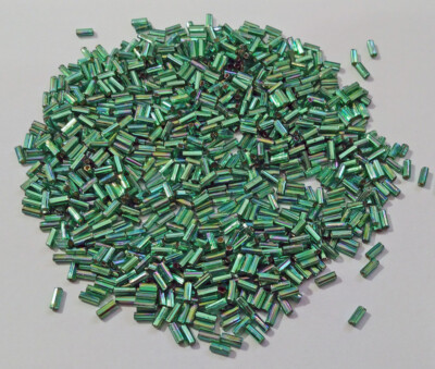 Vintage Glass Bugle Beads Silver Lined Medium Green AB Iris Toho 20g WB21