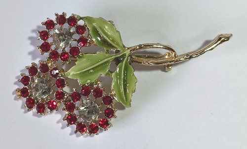 Vintage Gold-tone Brooch: "Wet" Red Rhinestone & Green Enamel Flowers - Picture 2 of 5