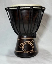 Hand Carved African-Style Djembe Drum 8" • Tribal Bongo Wood • Turtle Design