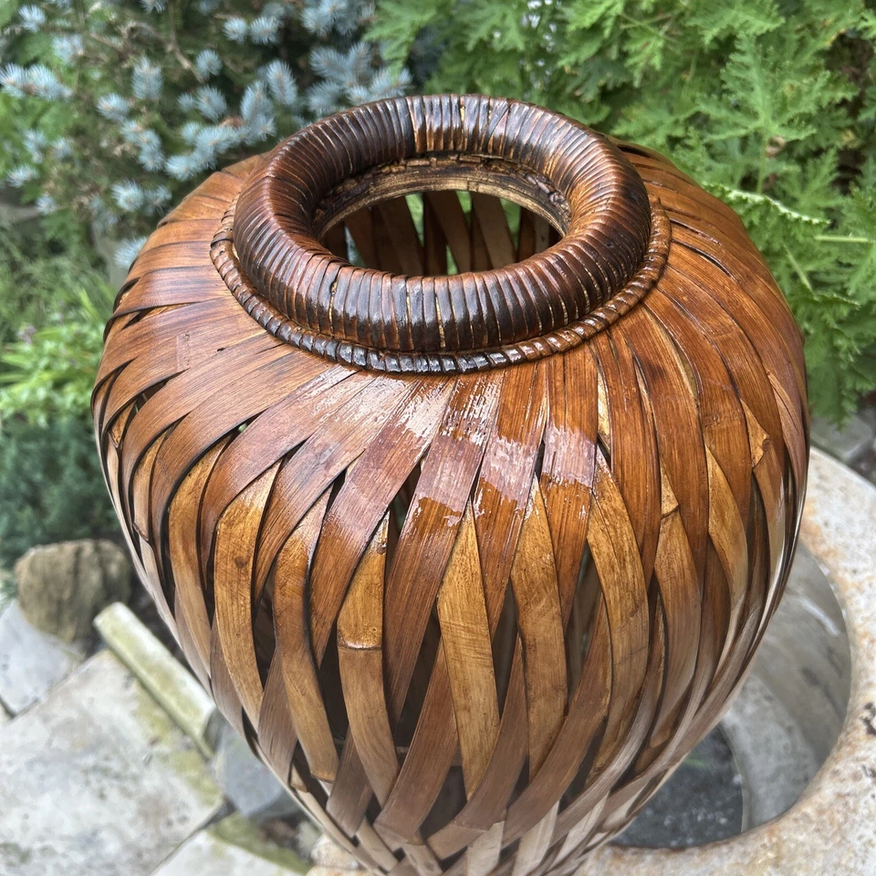 MASSIVE 30" VIntage Hand Woven Asian Bamboo Floor Vase Basket Wooden Base - Image 2 of 4