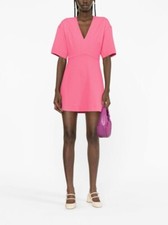 GANNI V-neck Flared Pink Stretch Viscose A-line Mini Dress EU 38 US 6 M Org $395