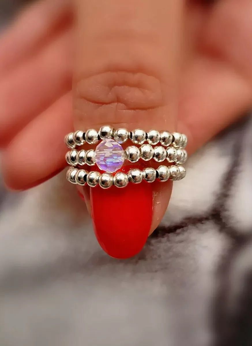 Stacking Beaded Stretch Silver Tone Crystal Finger Thumb Rings Set