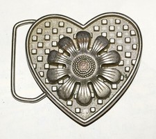 Studded Heart with 3 Dimensional Flower Silver Plated Belt Buckle