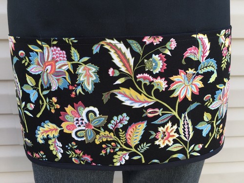 Cute Spring Flowers server waitress Half waist apron 3 pocket restaurant Black - Picture 2 of 3