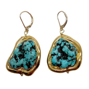 Authentic Freeform Blue Turquoise With Gold Plated Edge Lever Back Earrings