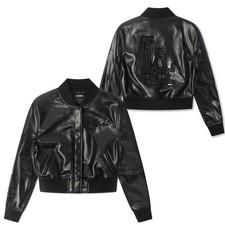 Womens LA Dodgers Crystalline Cropped Black Faux Leather Varsity Jacket