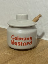 Vintage Colman's Grey/Beige Ceramic Mustard Pot with Lid & Wooden Spoon Red Logo