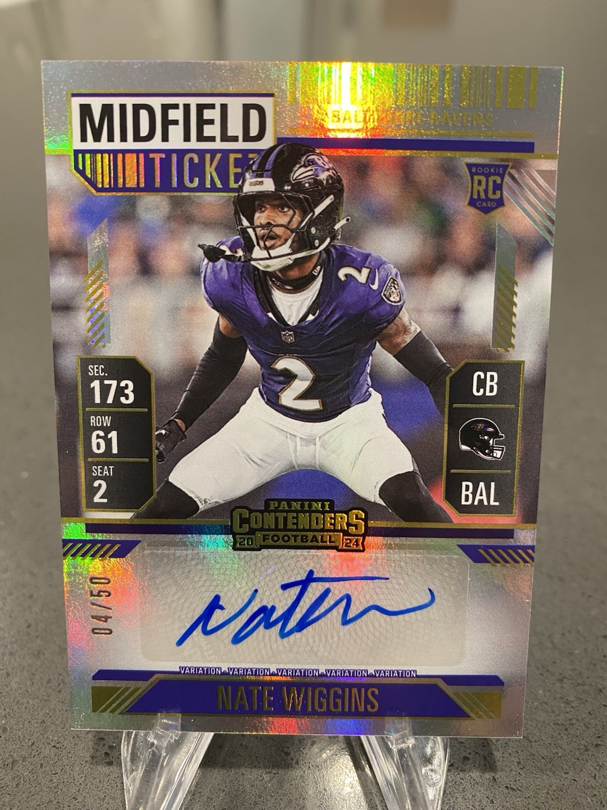 2024 Panini Contenders Nate Wiggins RC Midfield Ticket Variation Auto /50 Ravens