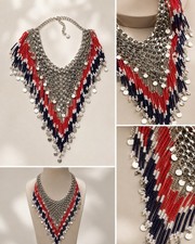Women’s Statement Bib Necklace Red Navy Blue White Beaded Silver-Tone Boho