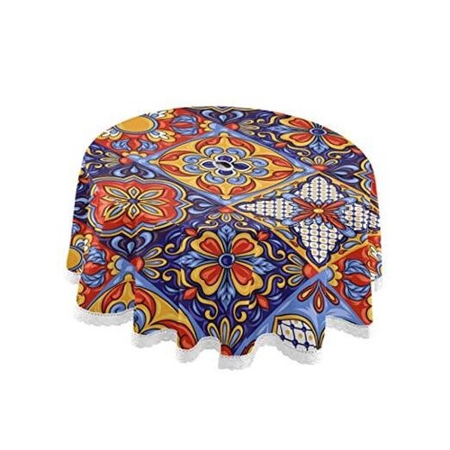 Mexican Talavera Outdoor Tablecloth 60 Inch Waterproof Round Tablecloth with