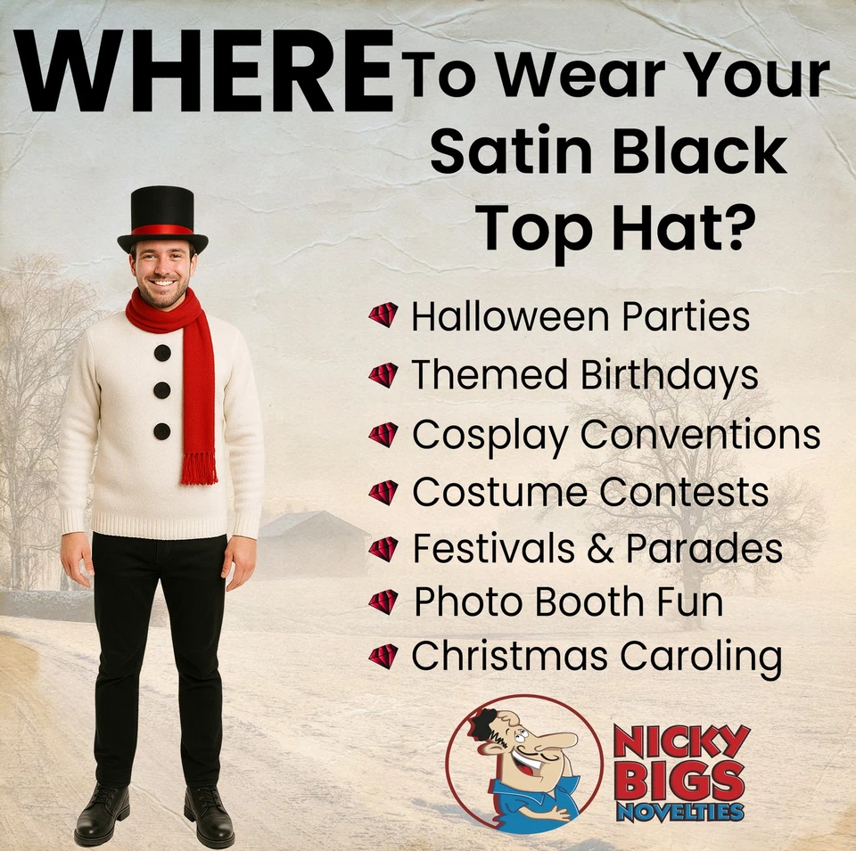 Sombrero de copa negro con banda roja villancico muñeco de nieve maestro de anillos sombrerero loco disfraz de barón Foto 4 de 4