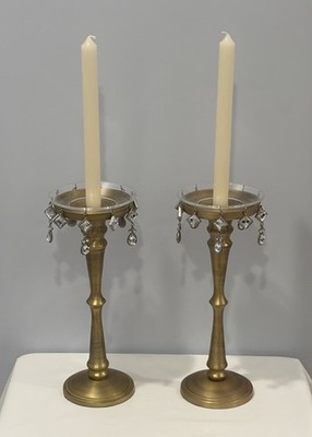 Set of 2 Booker 12  Candle Holders Pillar or Taper w Rhinestone Glass Drip Trays