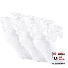 3 Pairs Girls Ruffle Socks Big Double Lace Frilly Trim Dress 5-7 Years White