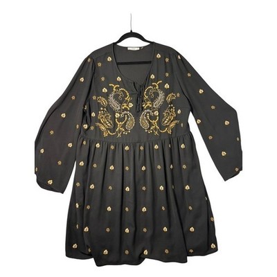 Dex Womens Black Gold Embroidered Paisley Tassel Tie Babydoll Dress Long Sleeve