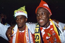 Paul Davis Kevin Campbell of Arsenal celebrate after their victory- Old Photo