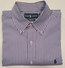 Ralph Lauren Shirt Mens 16 32/33 Classic Fit Button Up Blue Pink Stripe Pony