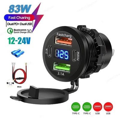 12V-24V PD + QC3.0 Dual USB Car Fast Charger Power Socket Outlet LED Voltmeter