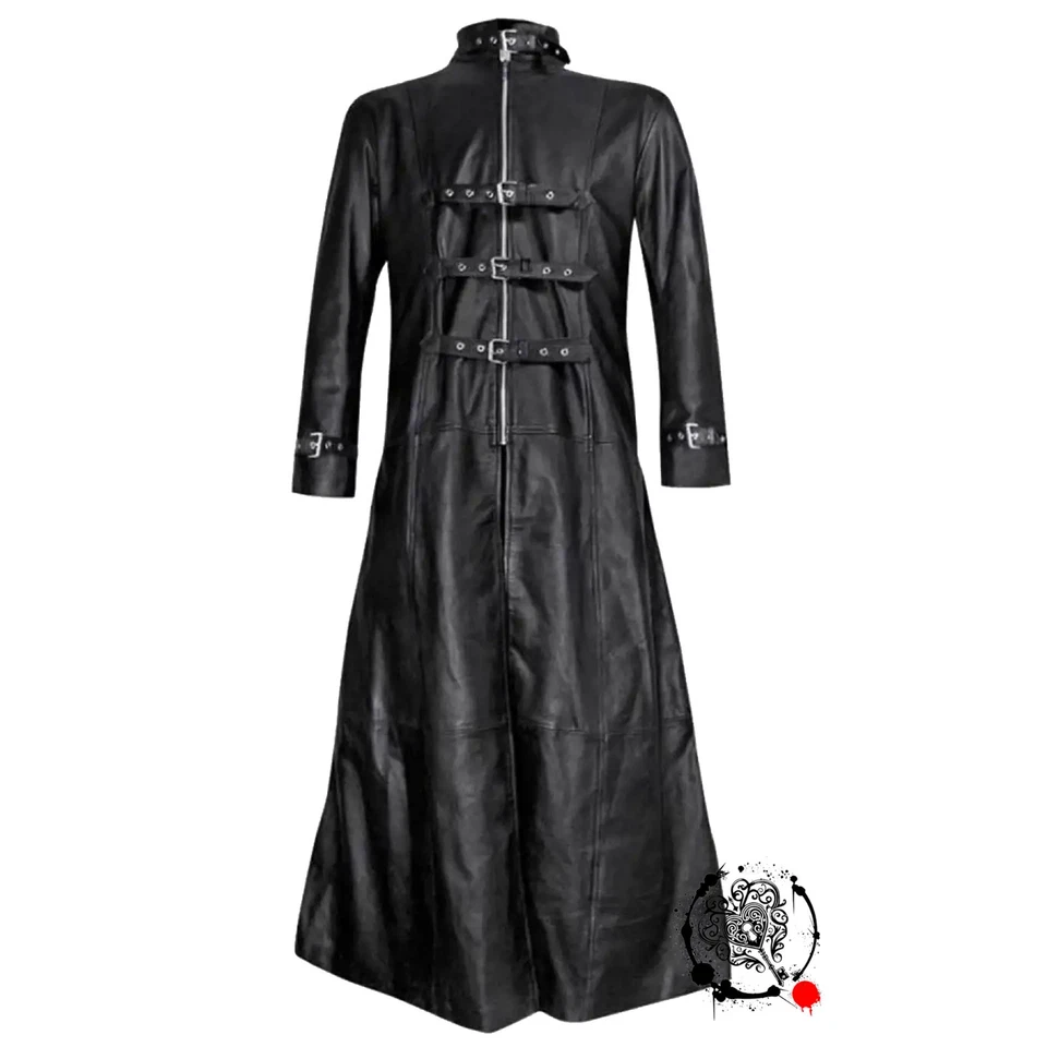 Casaco gótico masculino longo de couro real – Trench coat fetiche moda couro fivela - Imagem 2 de 4