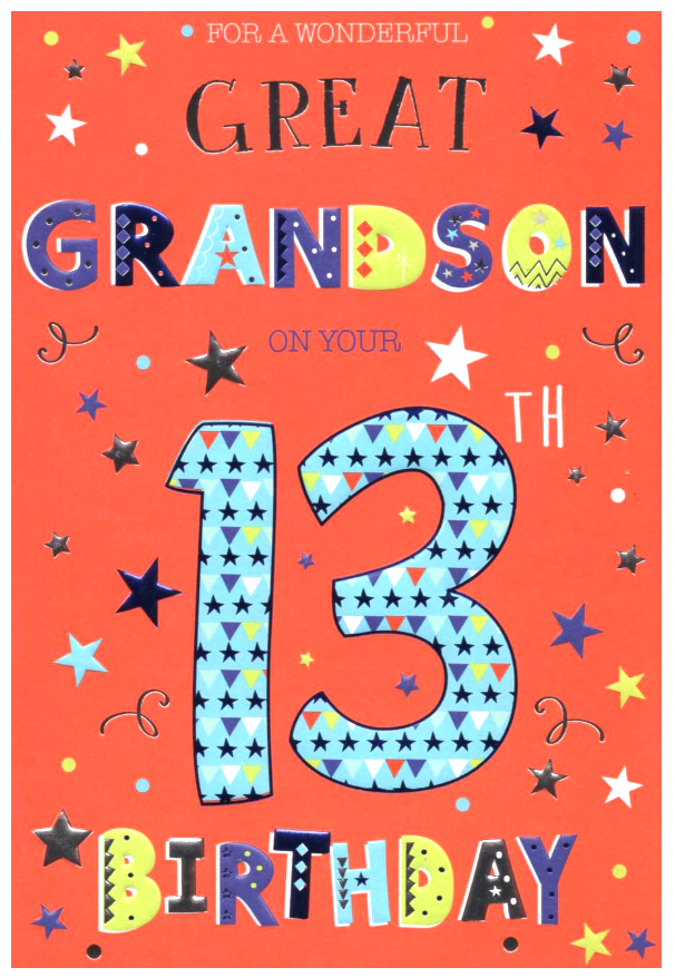 Birthday Card GREAT GRANDSON 13th 13. **9"", Foil embossed, Paper pages inside**