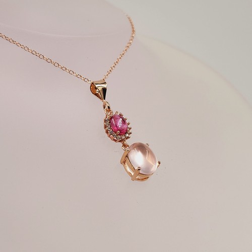 Ruby Rose-Quartz Necklace, Cubic Zirconia, Rose Gold Plated, Natural Precious - Picture 3 of 4
