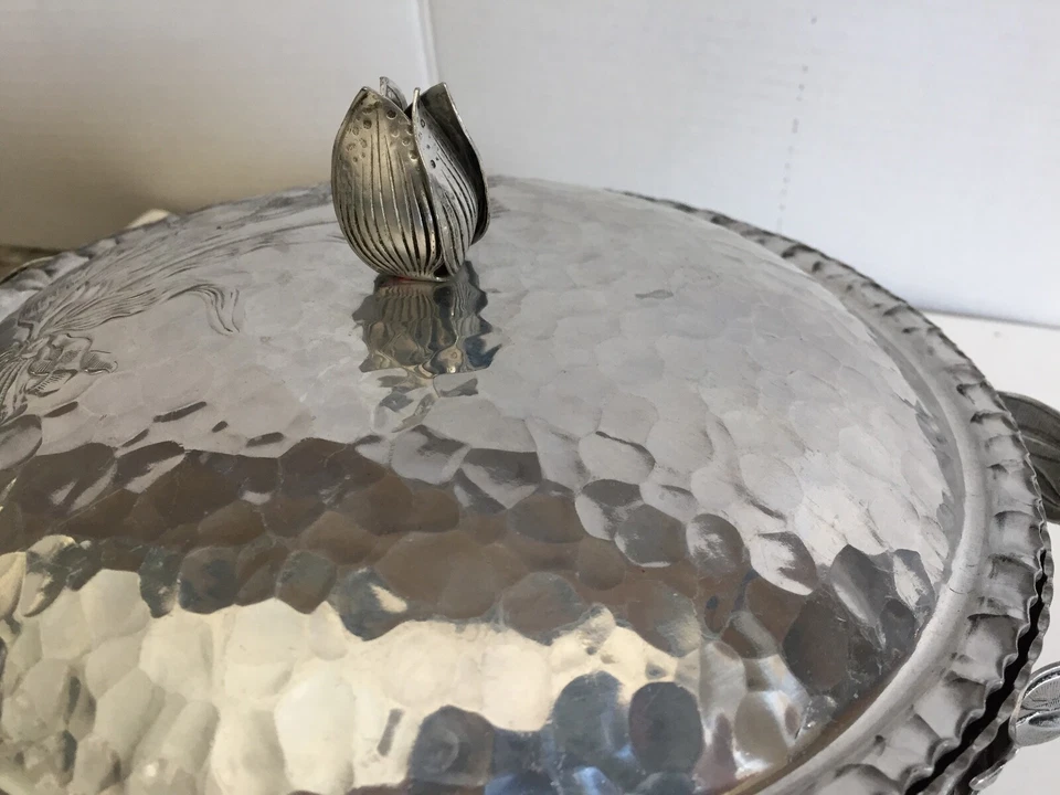 Mid Century Hammered Silver Bowl & Tulip Lid, Handles & Lid Etched Floral Design - Image 3 of 4