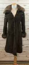 HARLIN Womens Medium Brown Suede Shearling Coat Jacket Long Hooded RV $1200