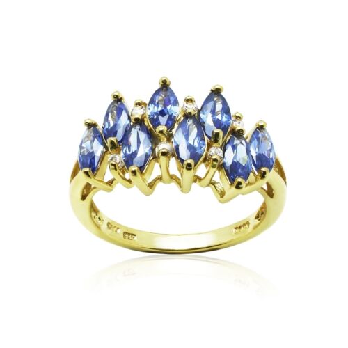 Goldfarben Über Silber Blauer Zirkonia Marquiseschliff Krone Haufen Ring Größe 9 - Bild 1 von 4