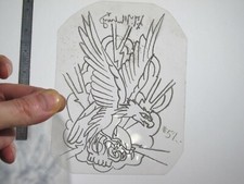 vtg 1960s Tattoo Flash acetate stencil Eagle Skull Lightning Bolt signed EA1