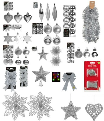 Silber Christbaumschmuck hängende Kugeln Stern, Herz, Tropfen, Schleifen Weihnachtsdeko